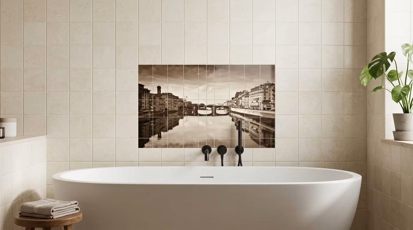 Vintage Sepia City Bridge tile mural shown in a room setting