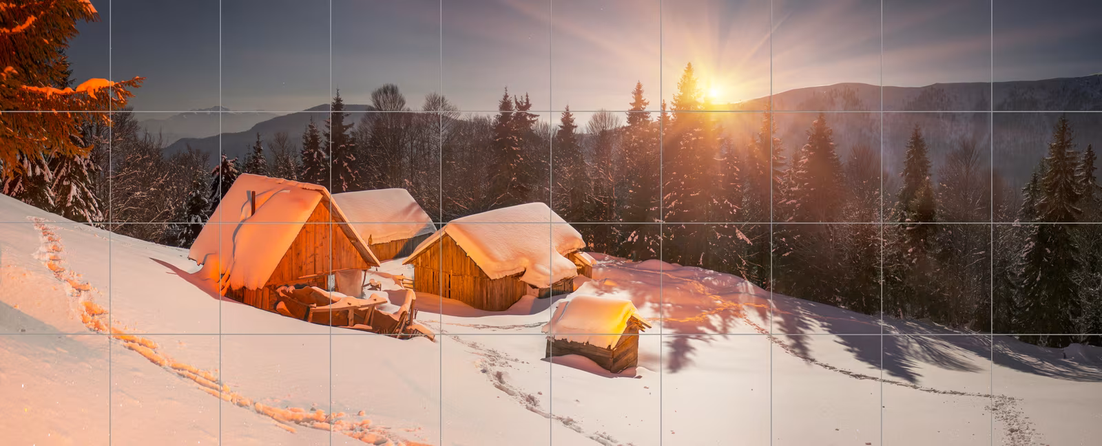 Ceramic tile mural of Snowy Mountain Cabins at Sunset