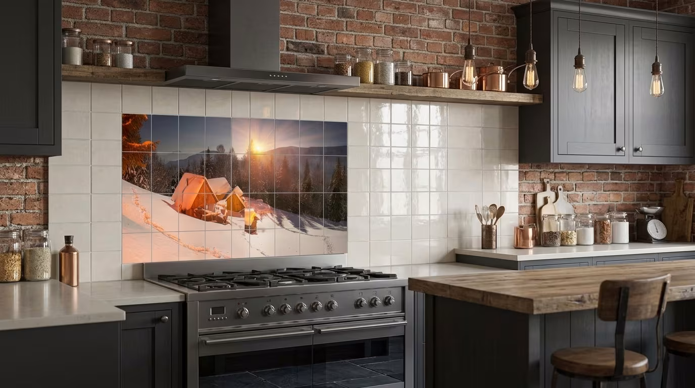 Snowy Mountain Cabins at Sunset - Tile Mural - Image 2