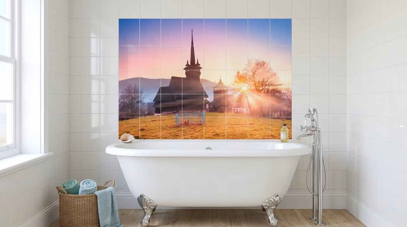 Wooden Church at Golden Sunrise tile mural shown in a room setting