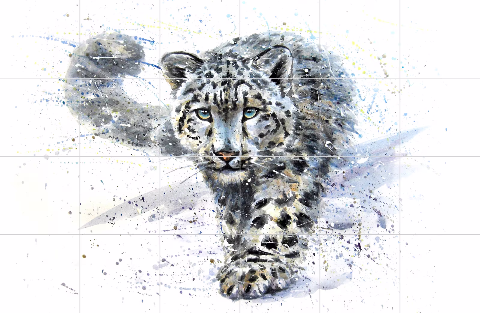 Ceramic tile mural of Snow Leopard Watercolour Portrait