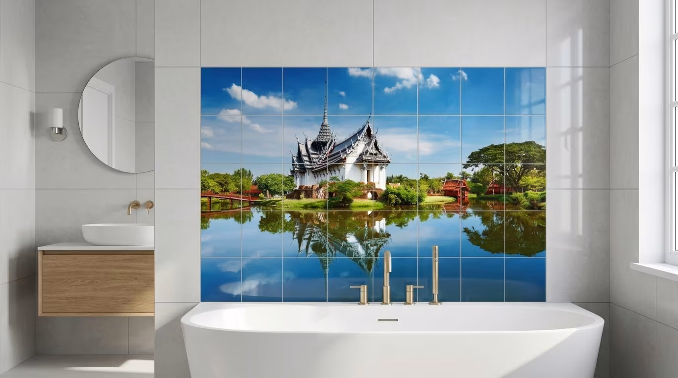 Thai Temple Reflection tile mural shown in a room setting