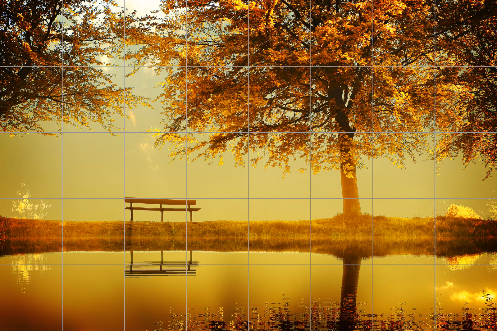 Ceramic tile mural of Golden Tree by the Lake at Sunset