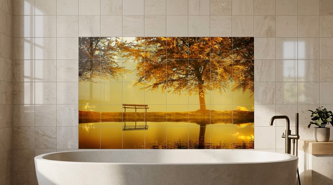 Golden Tree tile mural shown in a room setting