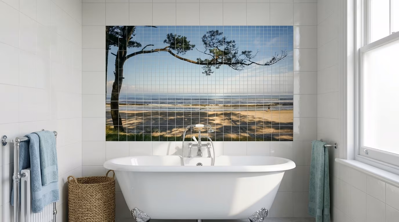 Coastal Pine Tree Beach View - Tile Mural - Image 2