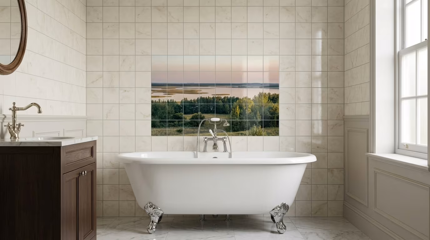 Countryside River Valley Landscape tile mural shown in a room setting