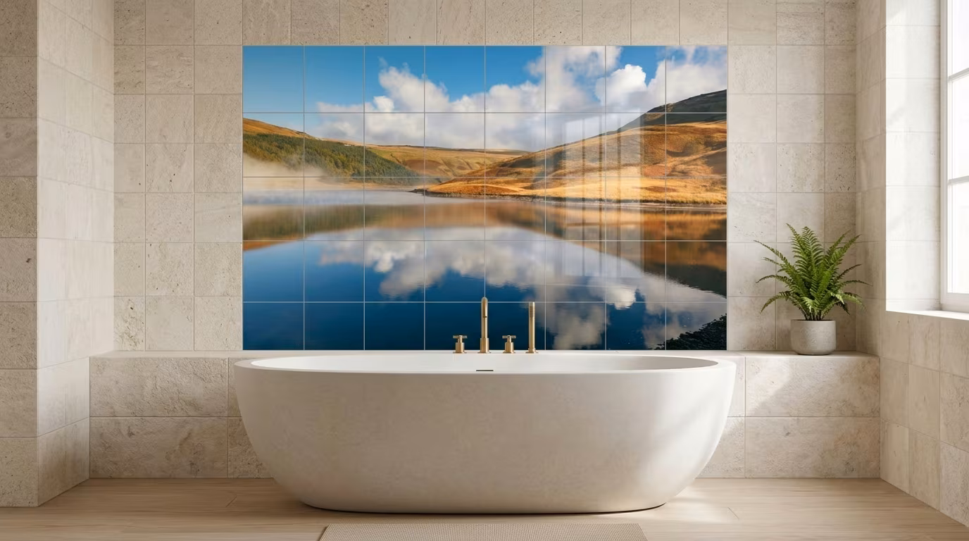 Highland Loch Reflection tile mural shown in a room setting