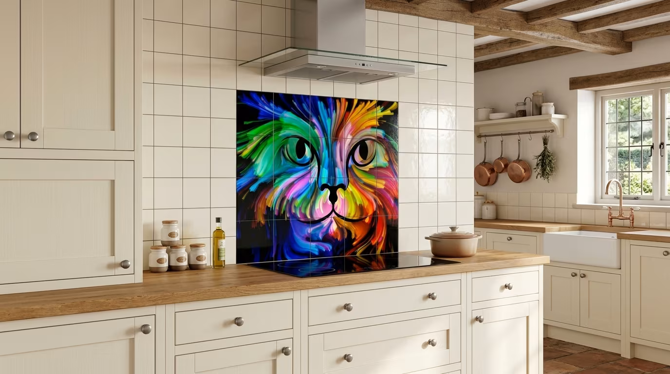 Colourful Abstract Cat Face Art - Tile Mural - Image 2