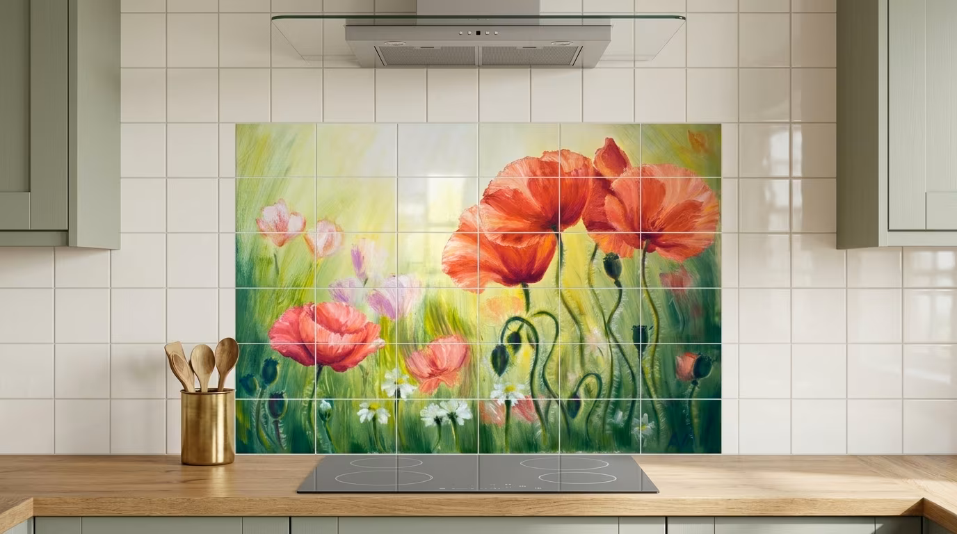 Red and Pink Poppy Field Painting tile mural shown in a room setting