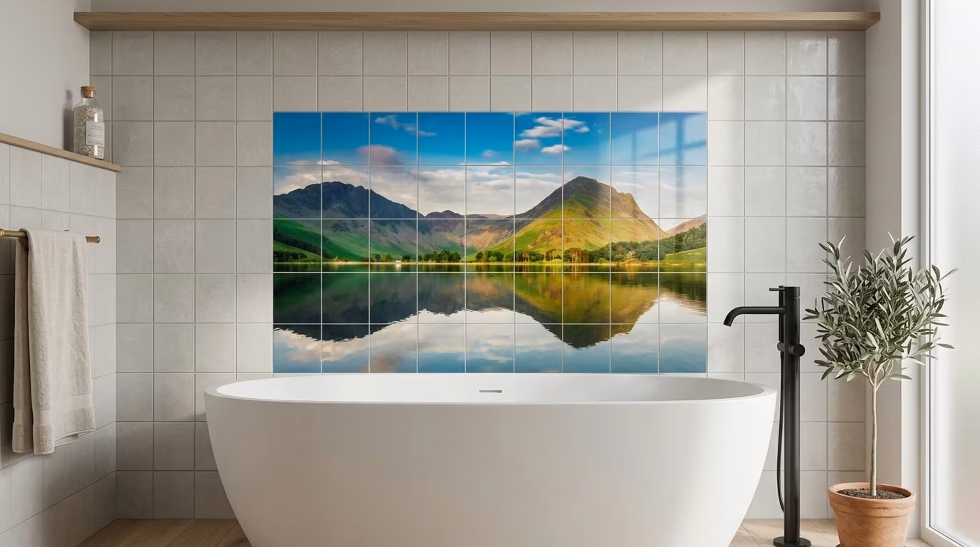 Mountain Lake Reflection Landscape tile mural shown in a room setting