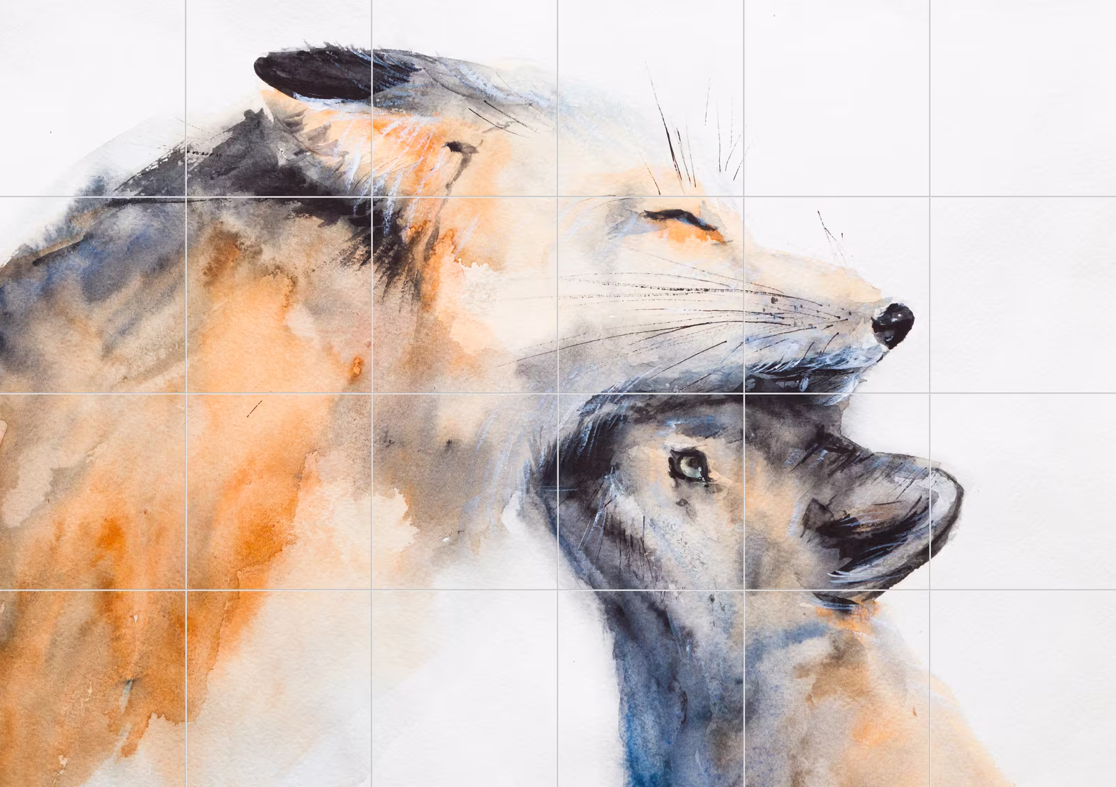 Ceramic tile mural of Fox and Cub Watercolour Painting