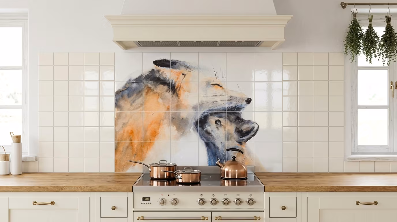 Fox and Cub Watercolour Painting - Tile Mural - Image 2