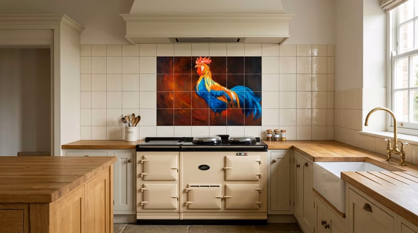 Colourful Rooster Oil Painting tile mural shown in a room setting