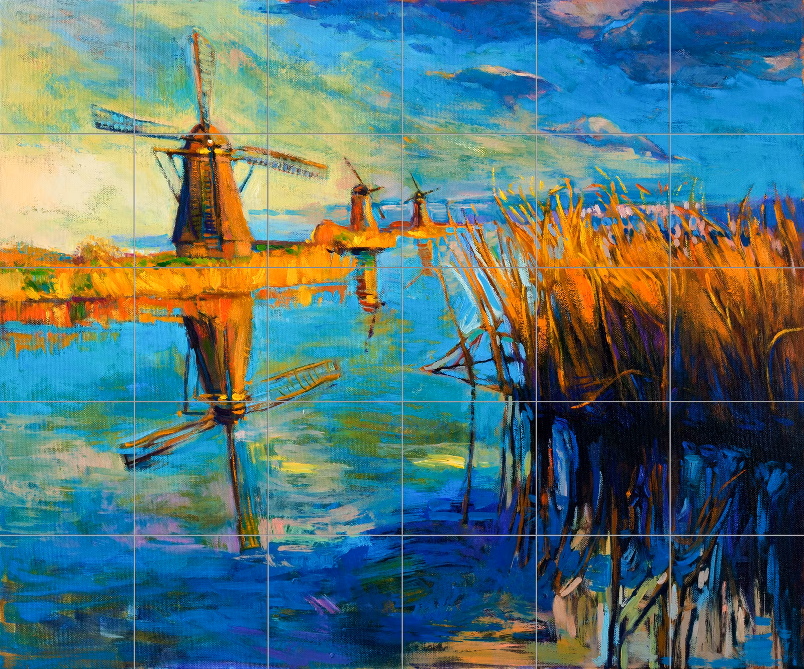 Ceramic tile mural of Dutch Windmills Reflection Painting