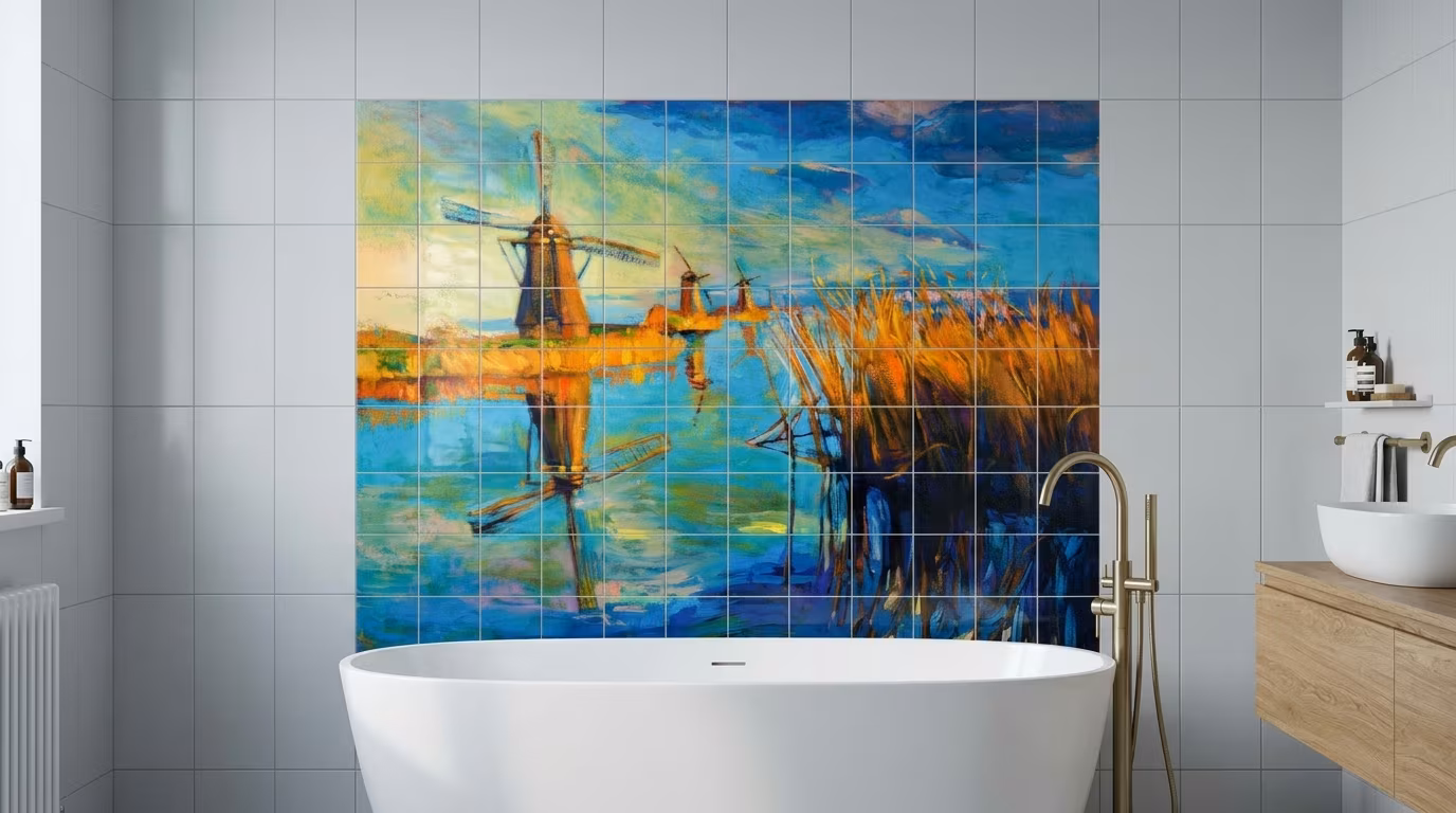 Dutch Windmills Reflection Painting - Tile Mural - Image 2