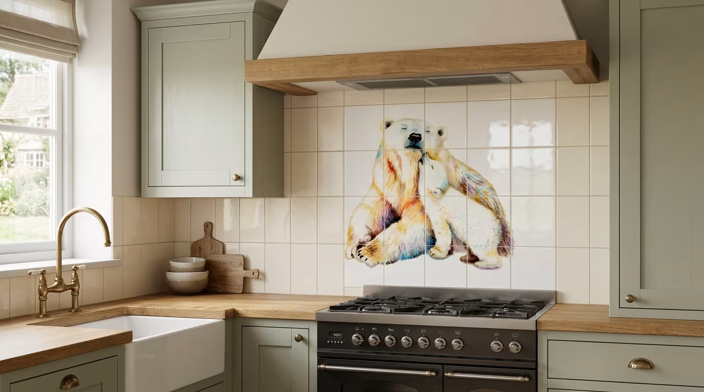 Polar Bears Watercolour Illustration tile mural shown in a room setting