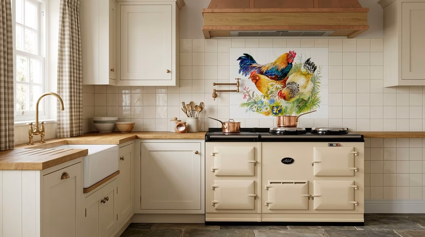 Watercolour Rooster and Hens with Flowers - Tile Mural - Image 2