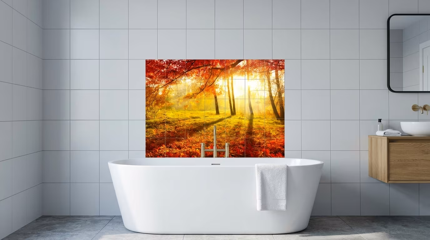 Sunlit Red Autumn Forest tile mural shown in a room setting