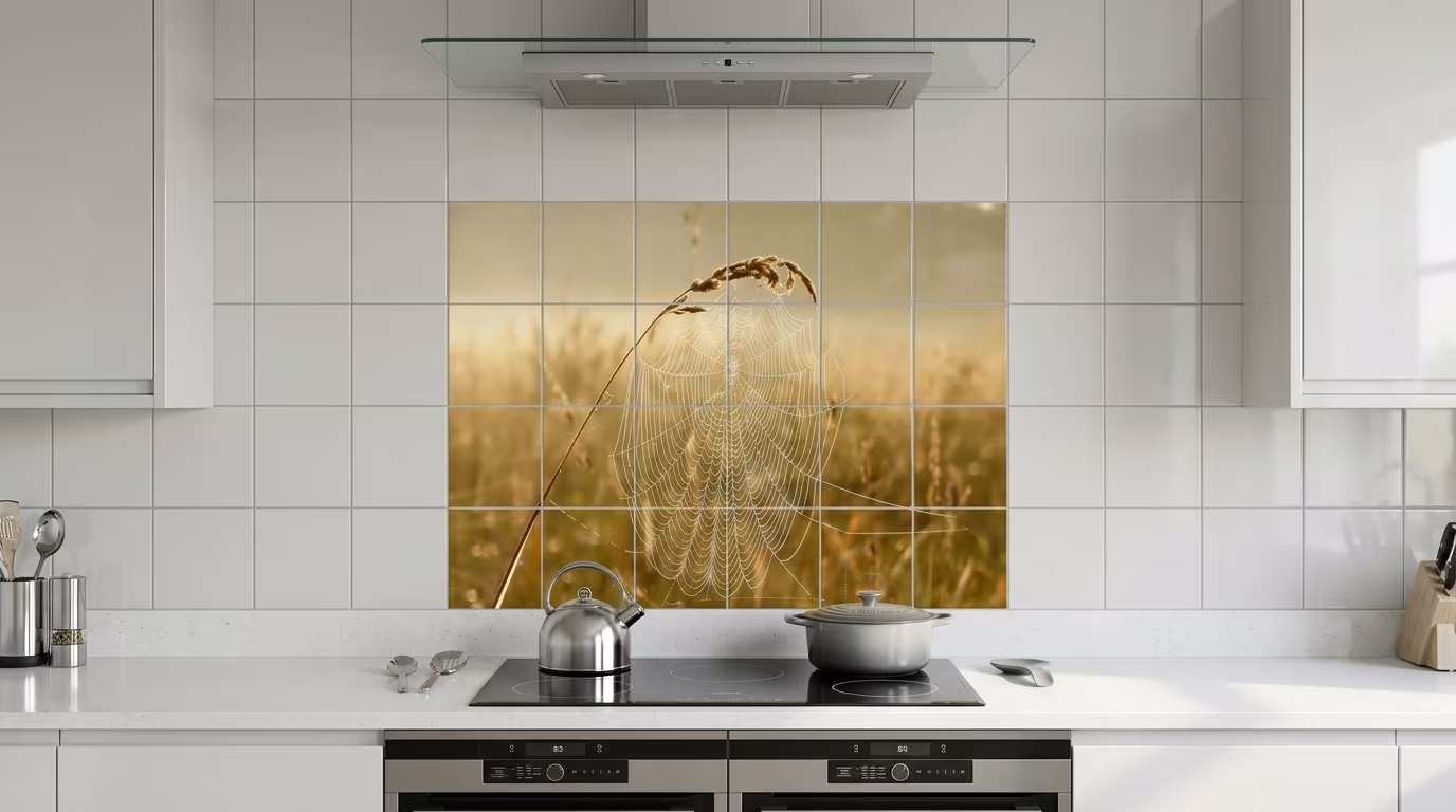 Dew-Covered Spiderweb at Sunrise tile mural shown in a room setting