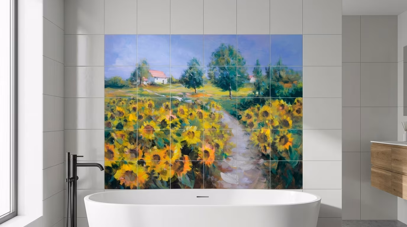 Sunflower Field Country Path Painting - Tile Mural - Image 2