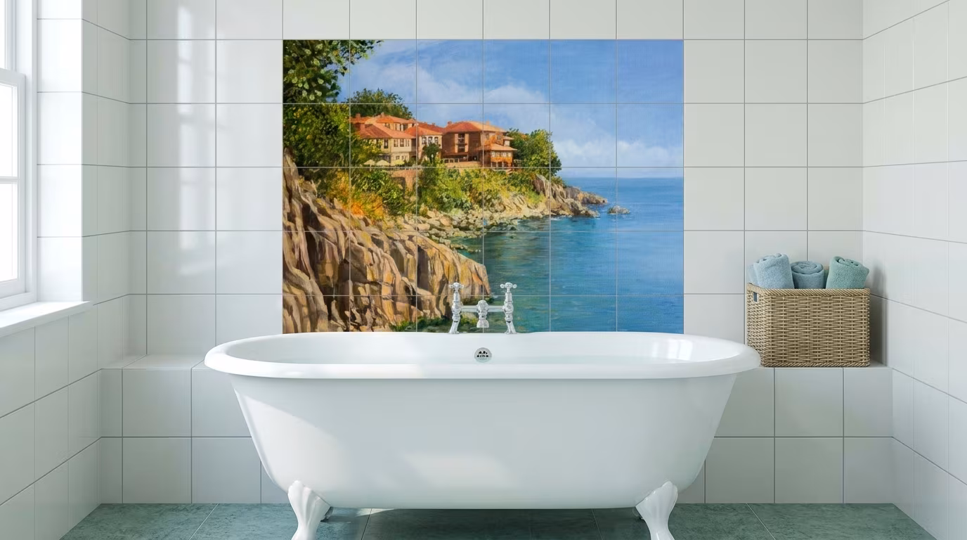 Coastal Village Cliffside Painting tile mural shown in a room setting