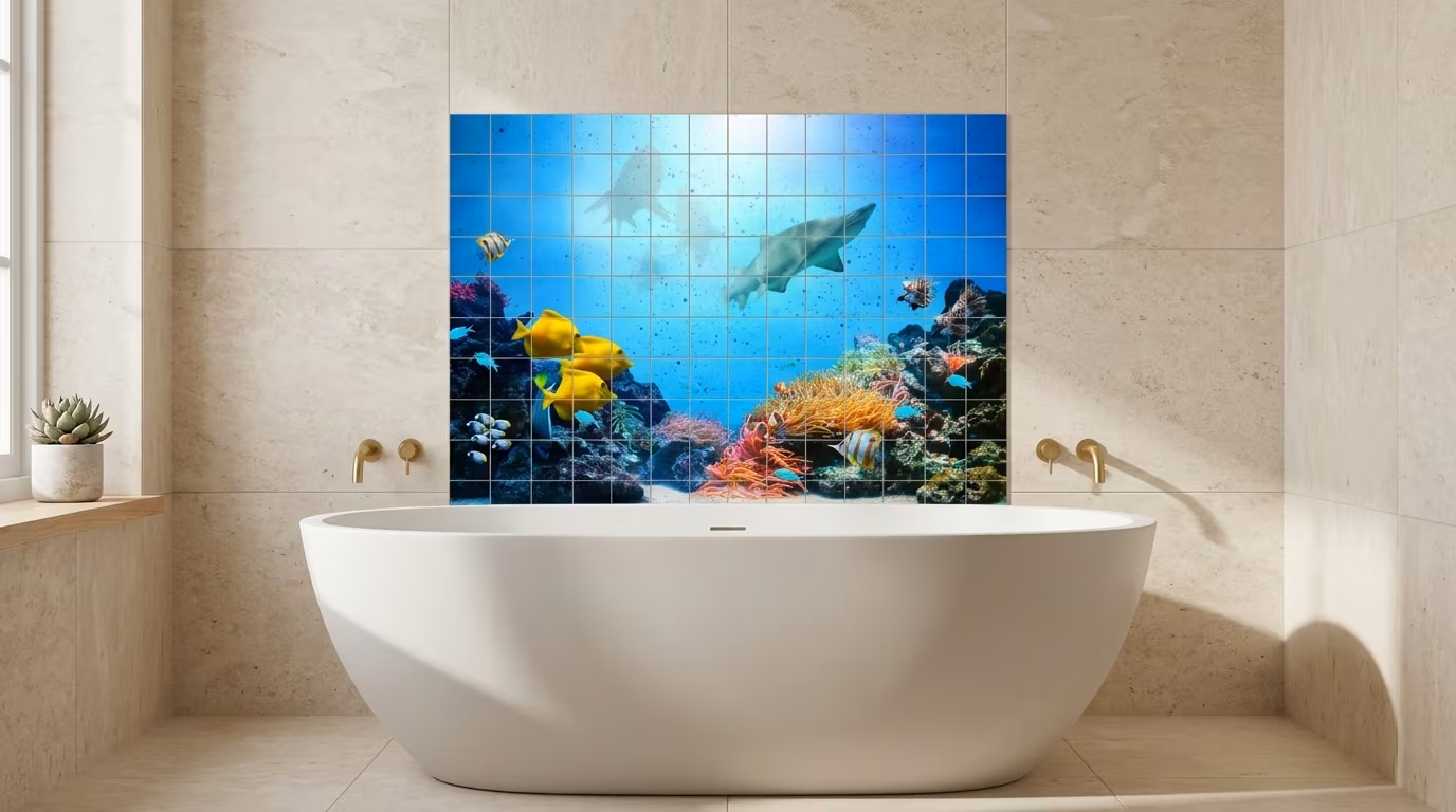 Tropical Coral Reef Underwater Scene tile mural shown in a room setting