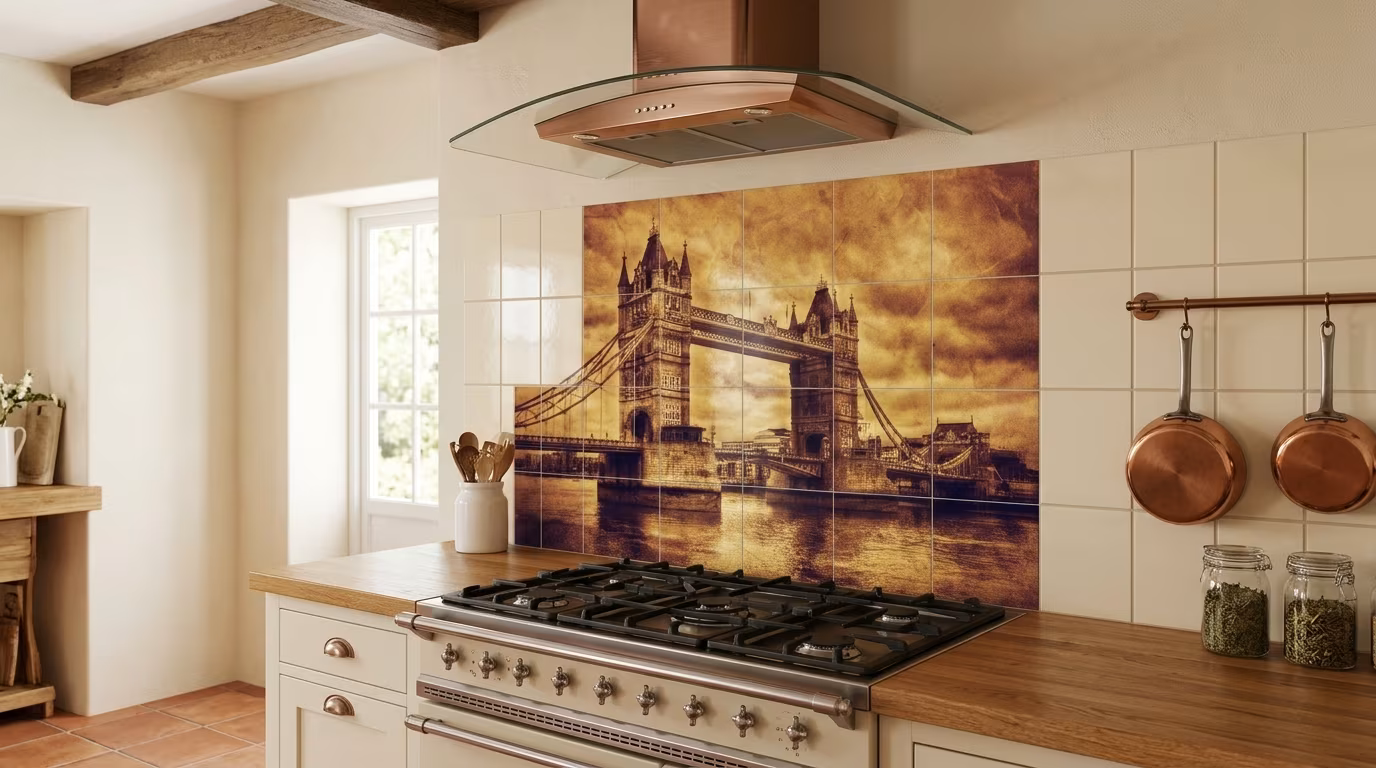 Tower Bridge Vintage Sepia tile mural shown in a room setting