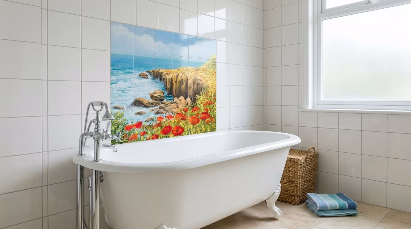 Rocky Coastal Cliffs with Poppies - Tile Mural - Image 2