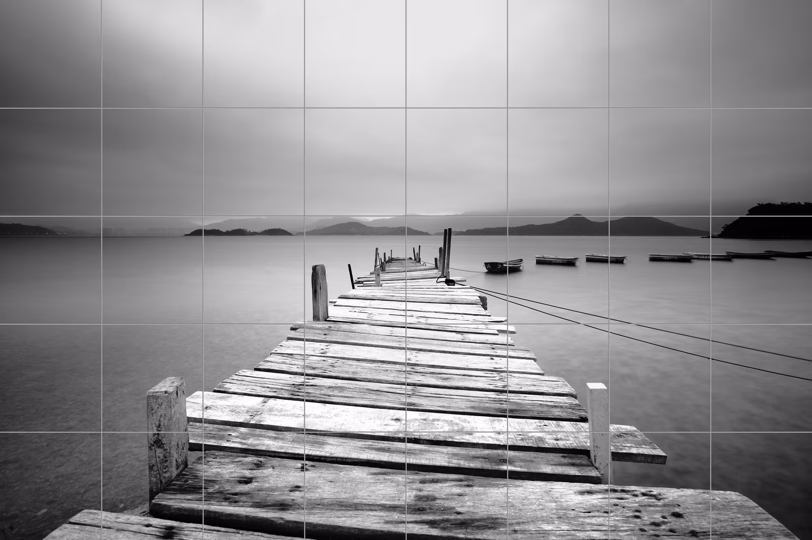 Ceramic tile mural of Monochrome Wooden Jetty Seascape
