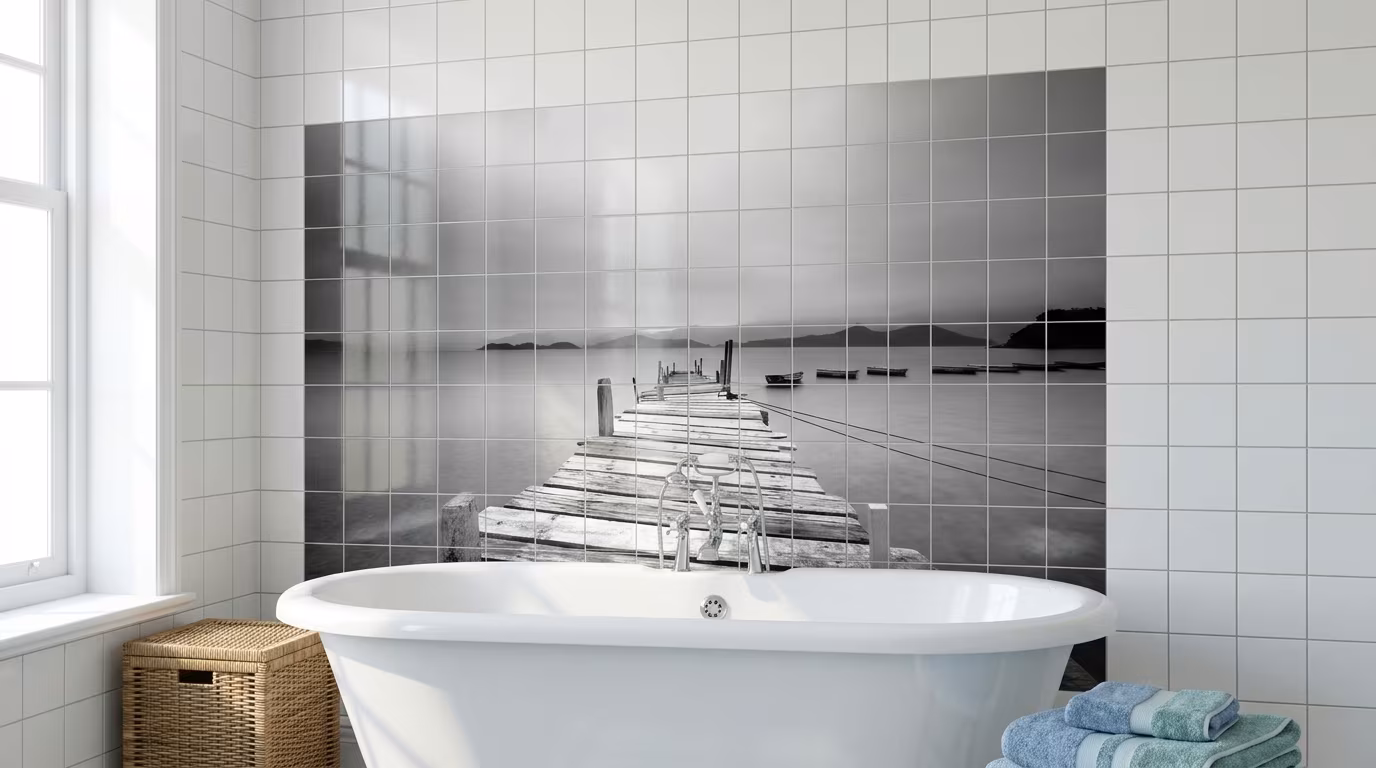 Monochrome Wooden Jetty Seascape - Tile Mural - Image 2