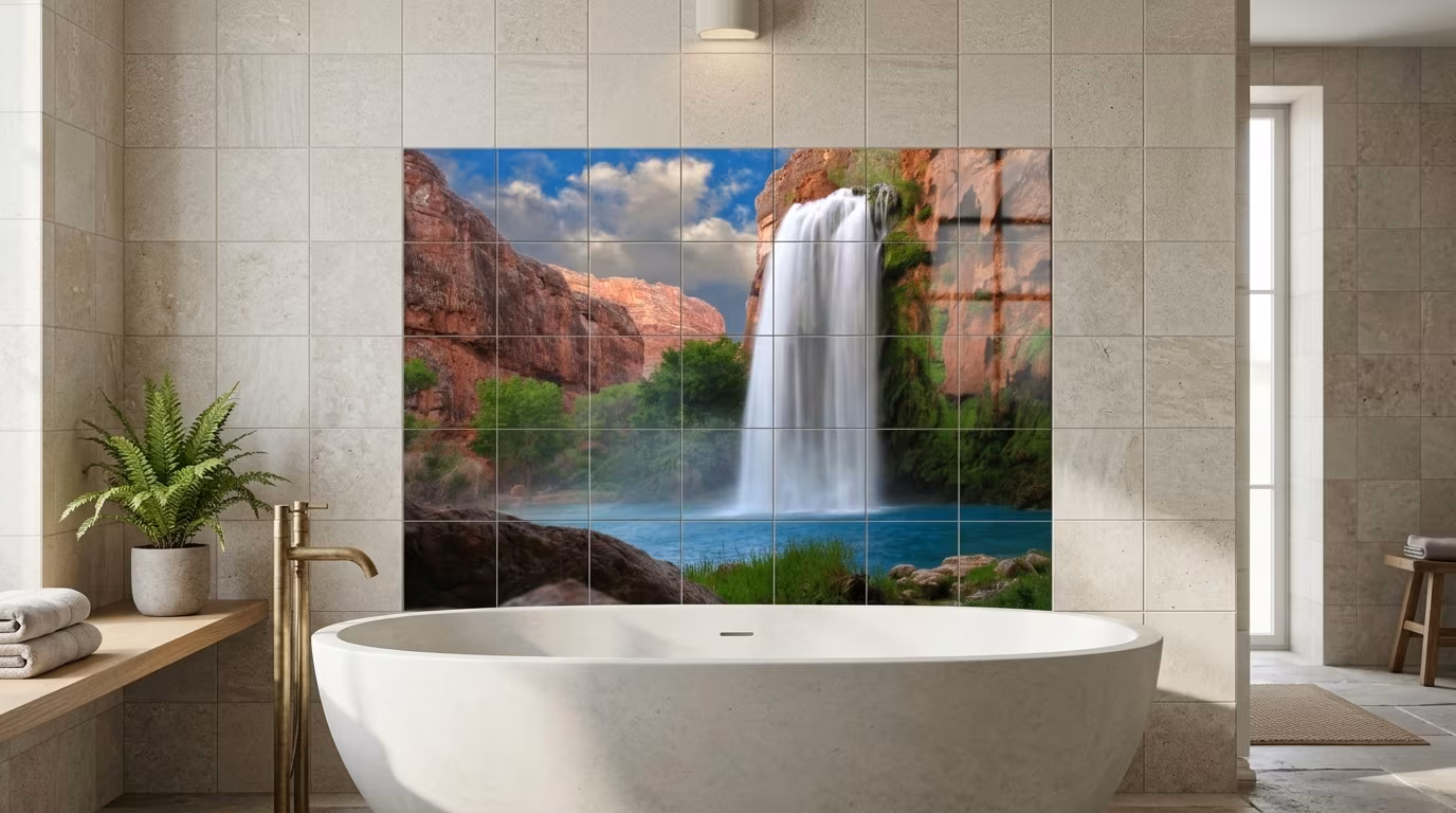 Desert Waterfall Canyon Landscape tile mural shown in a room setting