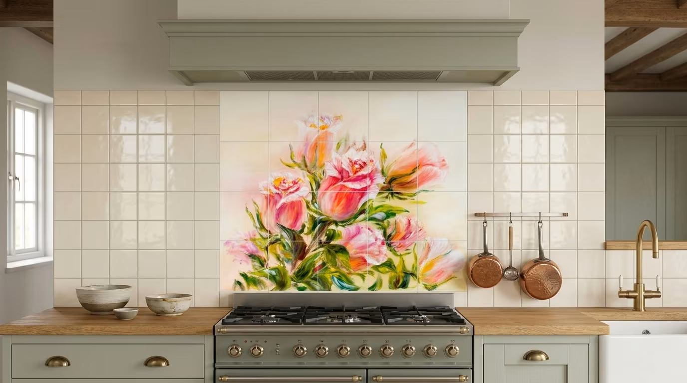 Pink Peony Oil Painting - Tile Mural - Image 2