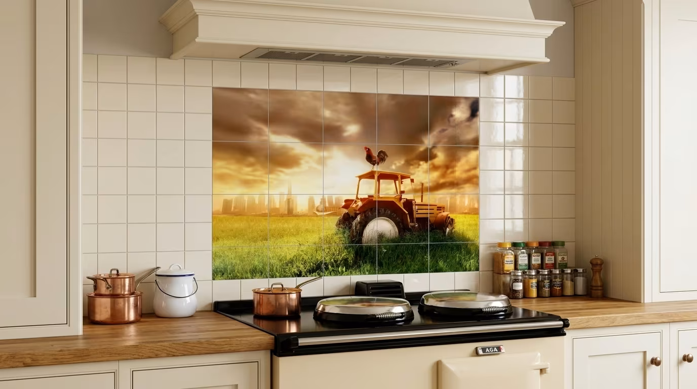 Vintage Tractor at Dramatic Sunset - Tile Mural - Image 2
