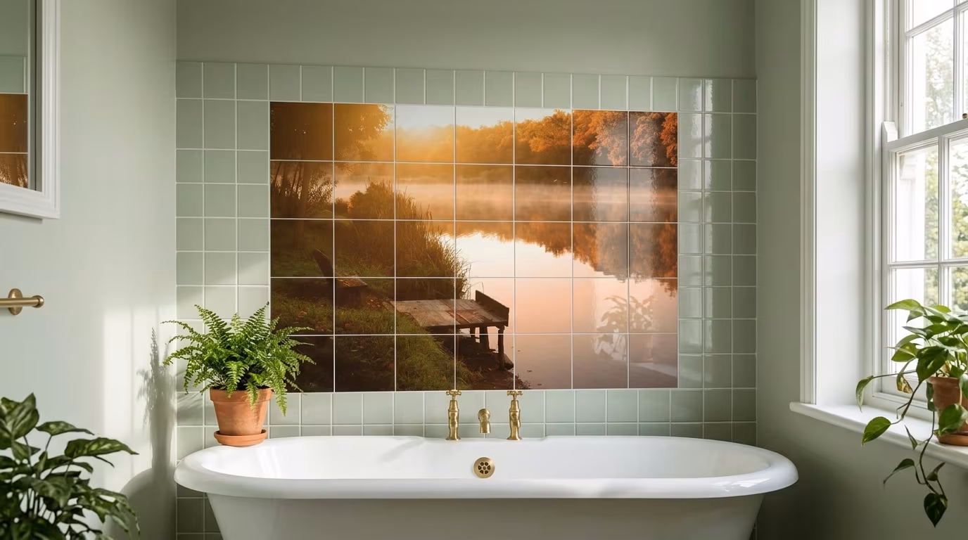 Misty Lake Sunrise with Jetty tile mural shown in a room setting