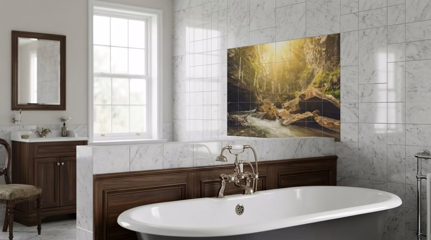 Sunlit Forest Waterfall Stream - Tile Mural - Image 2