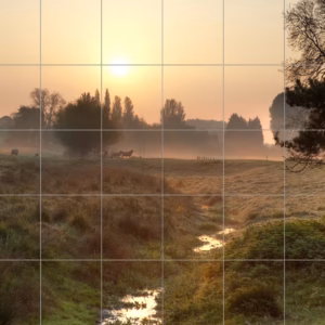Misty Countryside Sunrise Stream tile mural