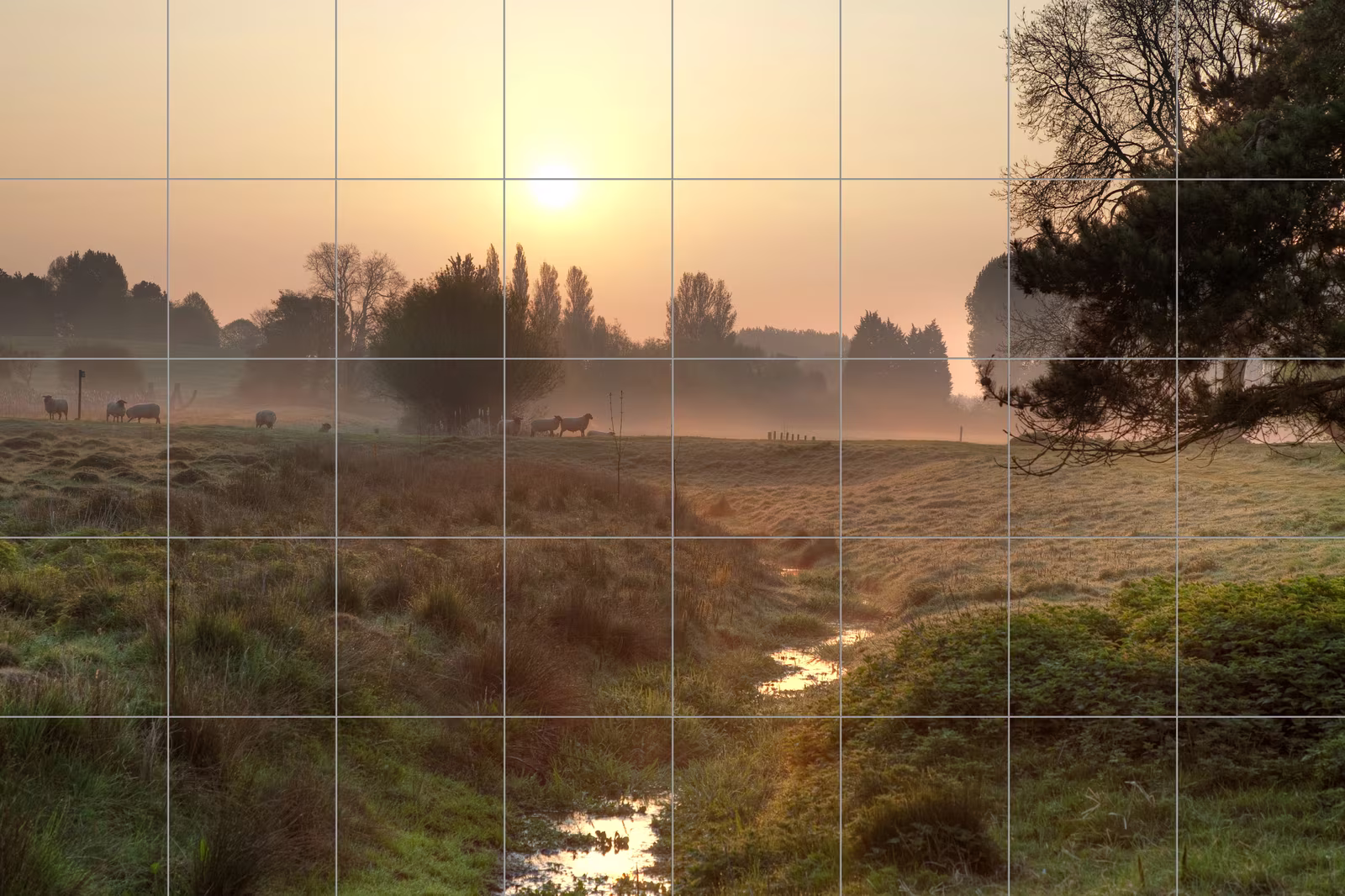 Ceramic tile mural of Misty Countryside Sunrise Stream