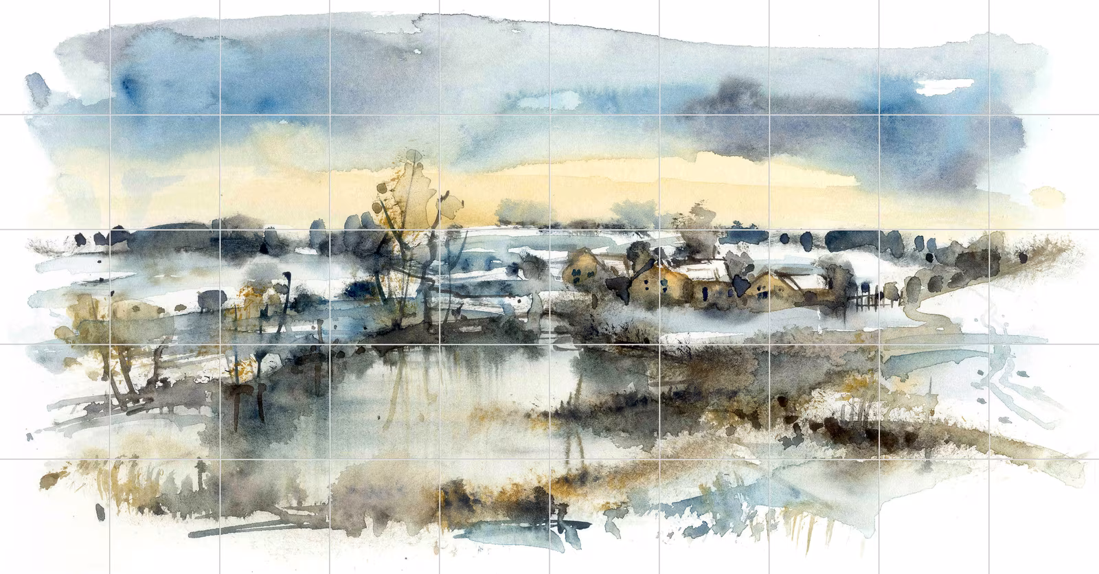 Ceramic tile mural of Winter Village Watercolour Landscape