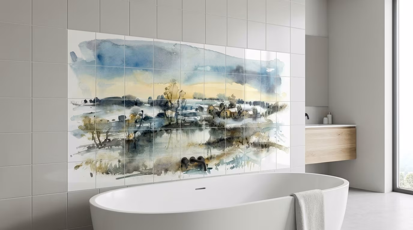 Winter Village Watercolour Landscape - Tile Mural - Image 2