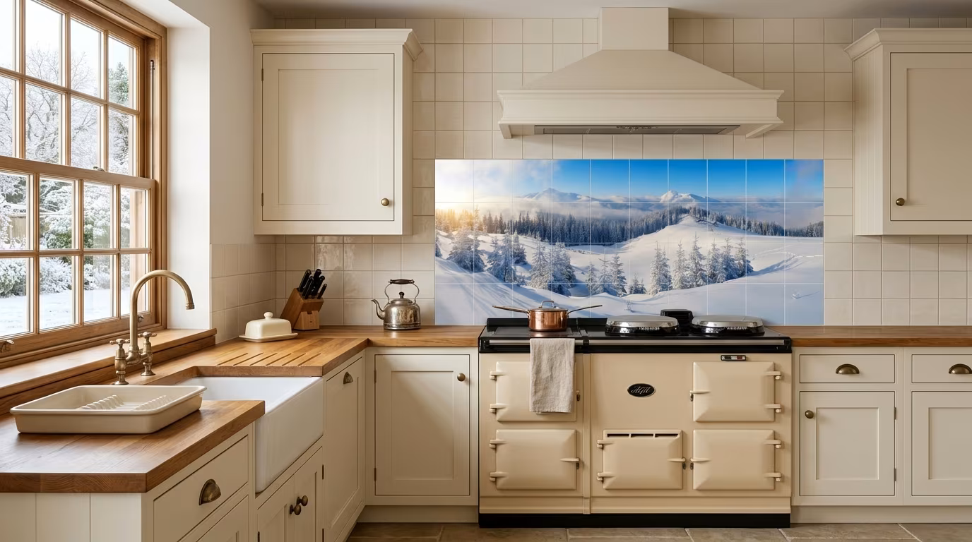 Snowy Winter Forest Landscape tile mural shown in a room setting