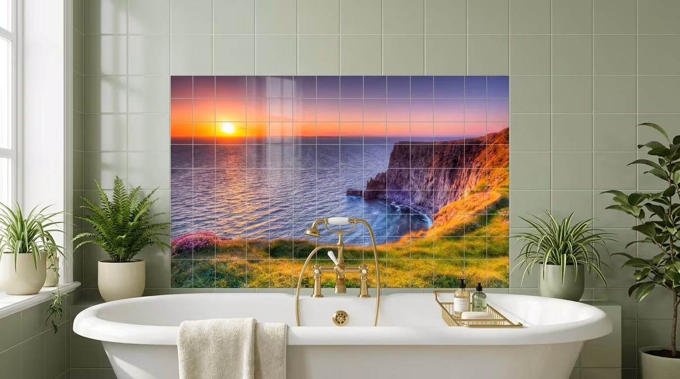 Coastal Cliffs at Sunset tile mural shown in a room setting