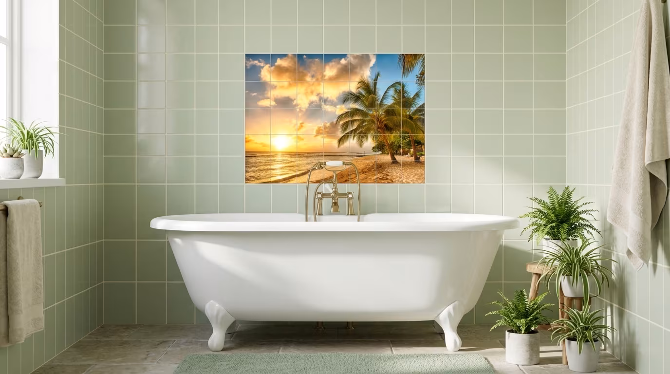 Tropical Beach Sunset with Palms tile mural shown in a room setting