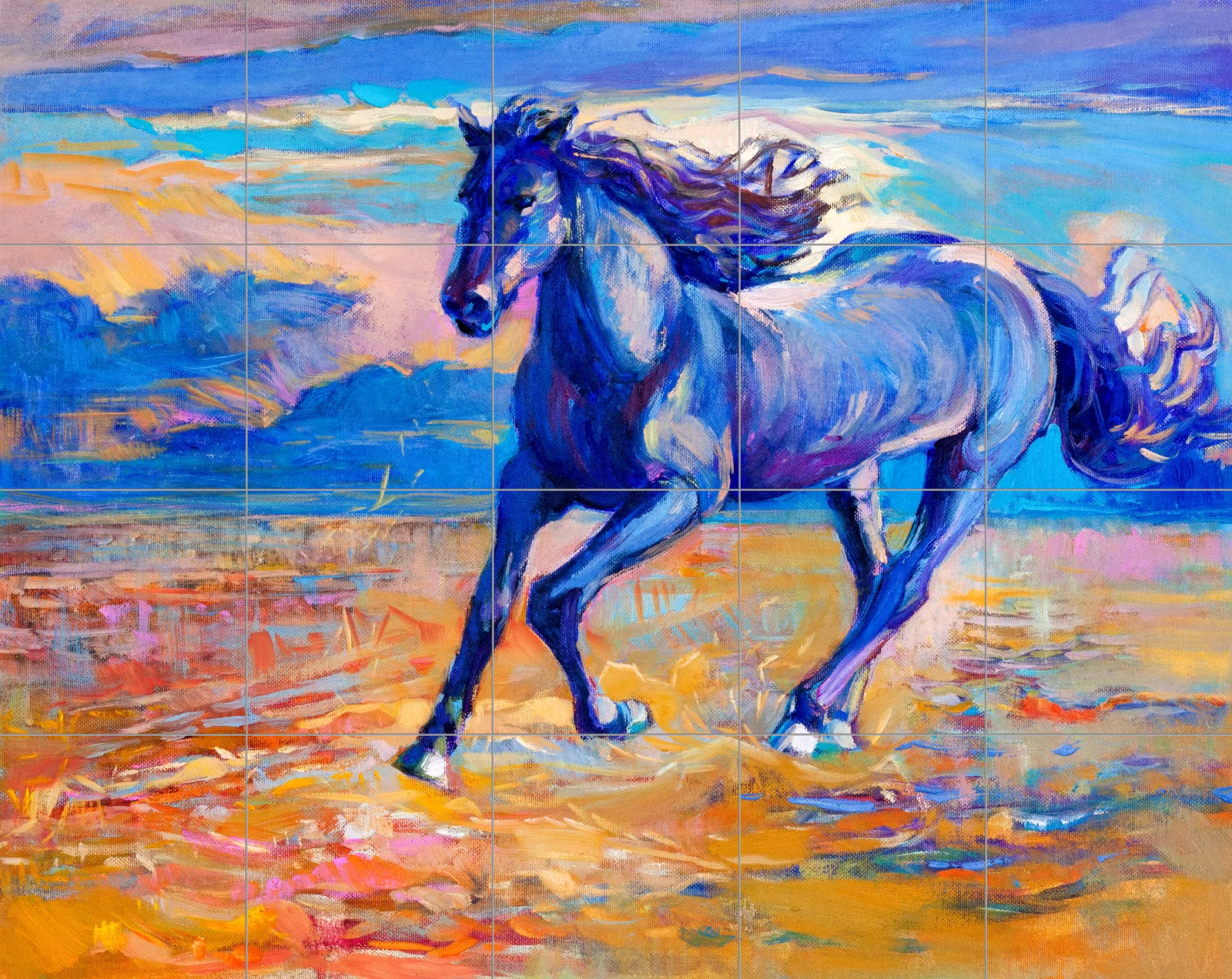 Ceramic tile mural of Blue Horse Running Oil Painting