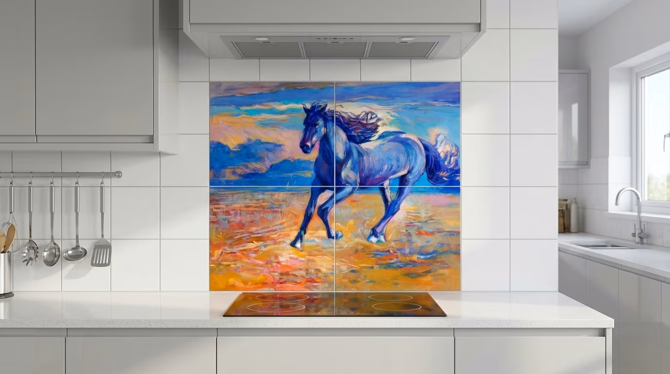 Blue Horse Running Oil Painting - Tile Mural - Image 2