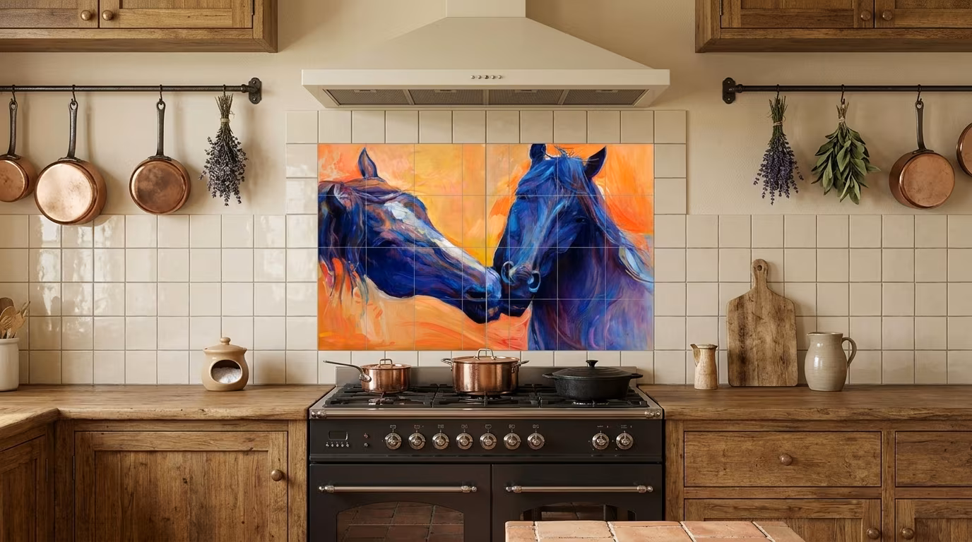 Two Horses Oil Painting Diptych tile mural shown in a room setting