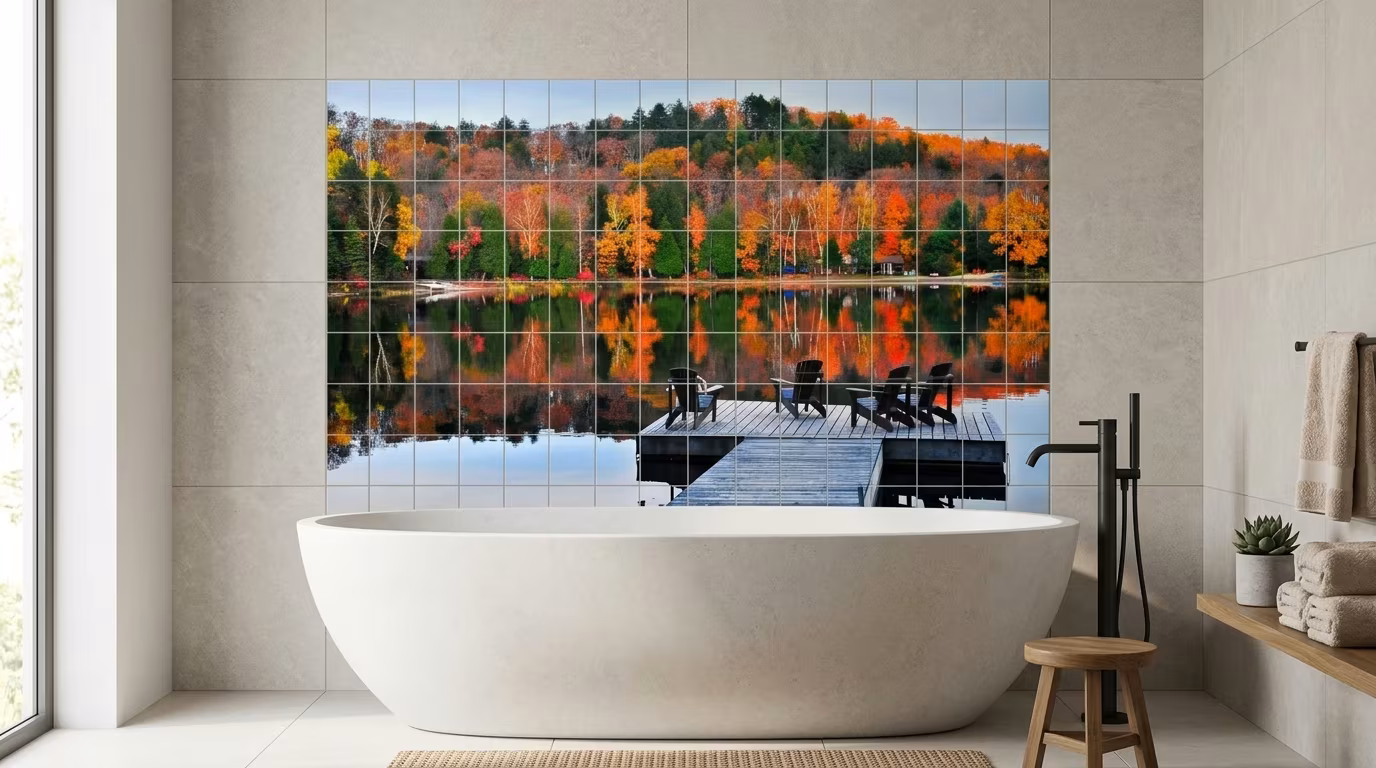 Autumn Lake Dock with Chairs tile mural shown in a room setting