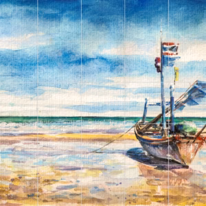 Ceramic tile mural of Beached Fishing Boat Watercolour