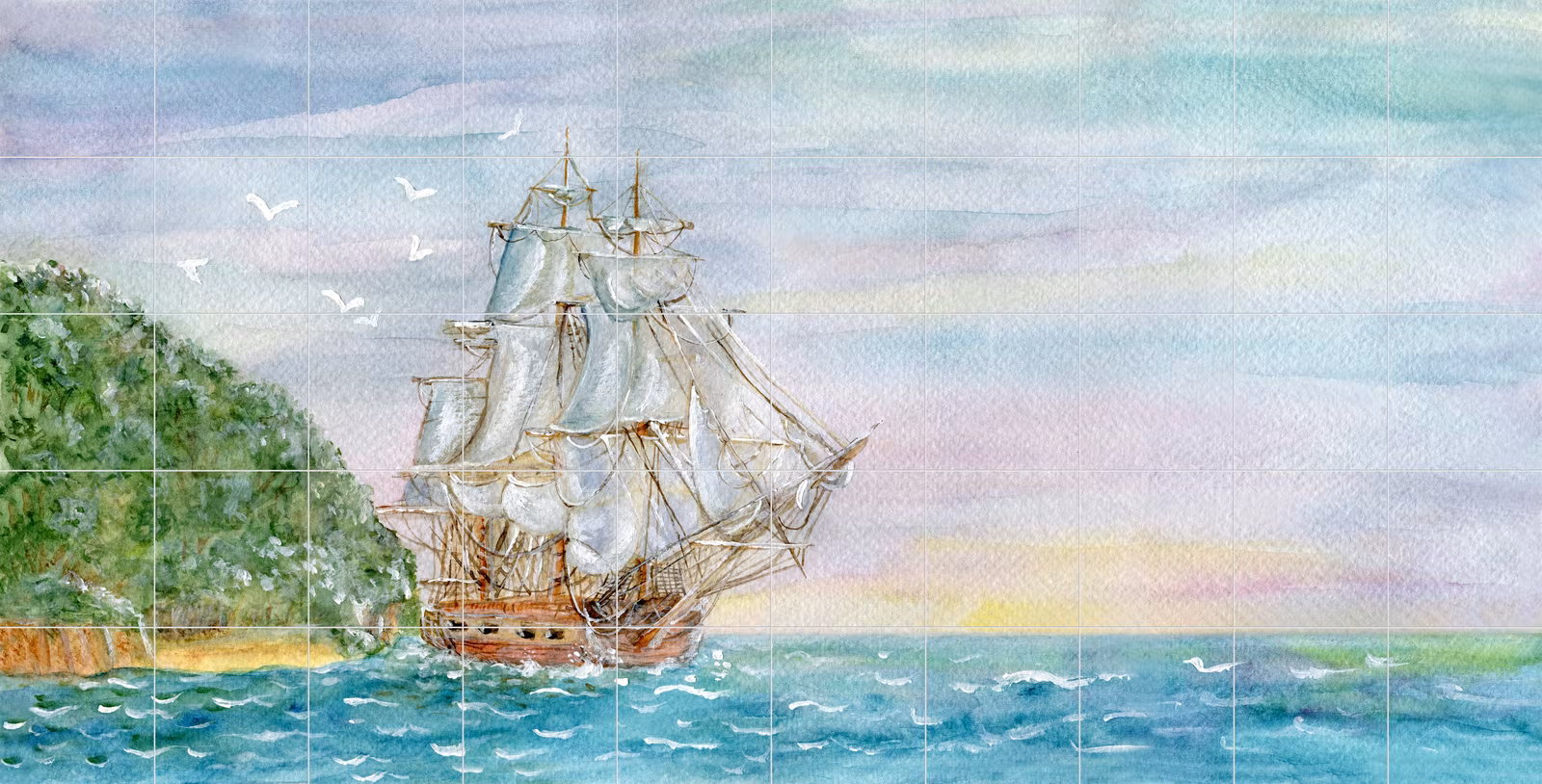 Ceramic tile mural of Sailing Ship at Sea Watercolour