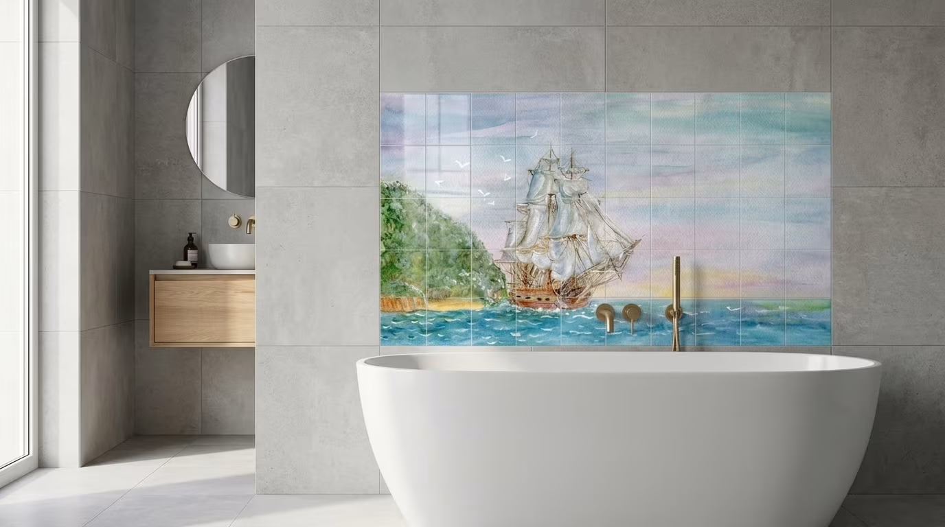 Sailing Ship at Sea Watercolour tile mural shown in a room setting