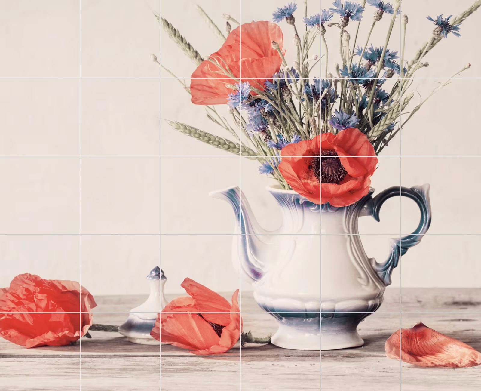 Ceramic tile mural of Poppy Bouquet in Jug Still Life